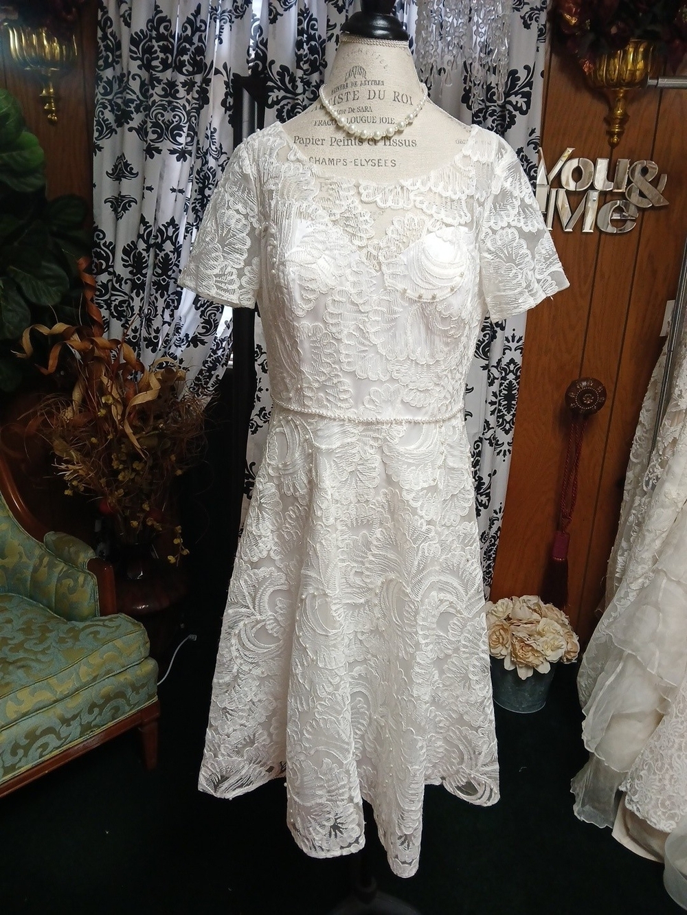 Annabelle White Lace Short-Sleeve Fit-and-Flare Midi Dress
